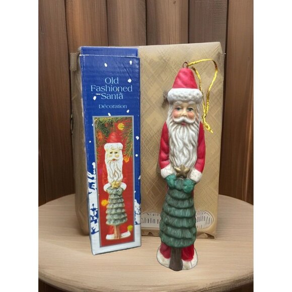 Old Fashioned Santa Claus W/ Tree Christmas Ornament Decoration Porcelain 6” T - Picture 1 of 4